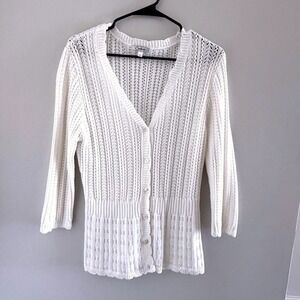 Carducci Open Knit Cotton Cardigan Sweater White L Cottage Coastal Grandma Boho